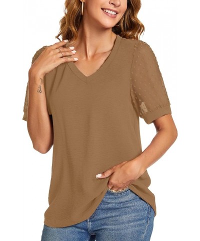 Womens Summer Casual Shirts Short Sleeve Tunic V Neck Trendy Blouses Tops B:brown $10.00 Tops