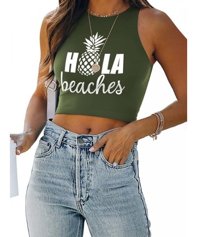 Women Casual Hola Beaches Letter Print Tanks Shirt Pineapple Print Tops Tee Z-army Green $7.50 Tanks