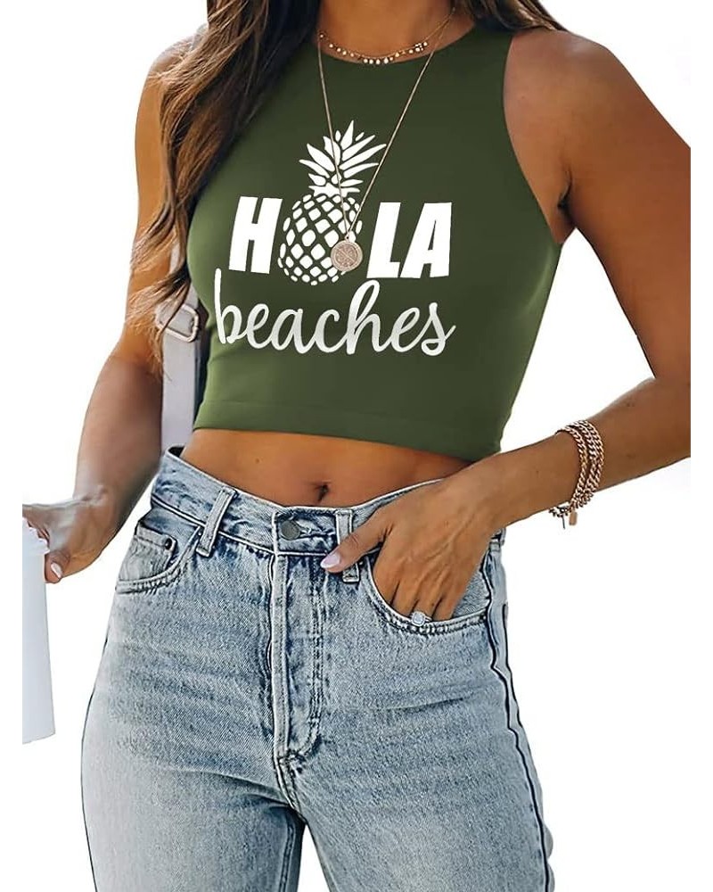 Women Casual Hola Beaches Letter Print Tanks Shirt Pineapple Print Tops Tee Z-army Green $7.50 Tanks