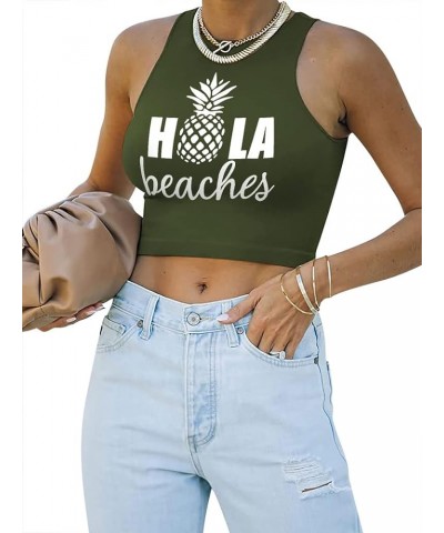 Women Casual Hola Beaches Letter Print Tanks Shirt Pineapple Print Tops Tee Z-army Green $7.50 Tanks