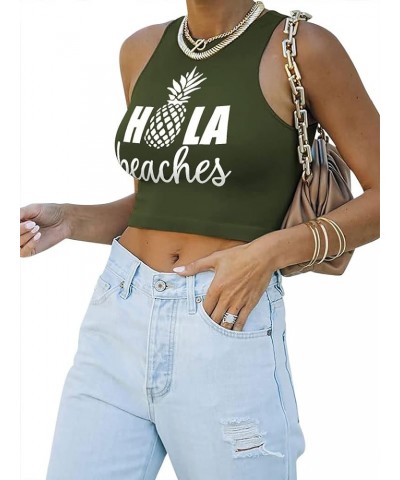 Women Casual Hola Beaches Letter Print Tanks Shirt Pineapple Print Tops Tee Z-army Green $7.50 Tanks