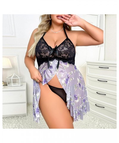 Lingerie for Women Sexy Lace Mesh Babydolls Sleepwear Chemise Strappy V Neck Chemises Nightgown Sleepwear Nightdress 04-purpl...