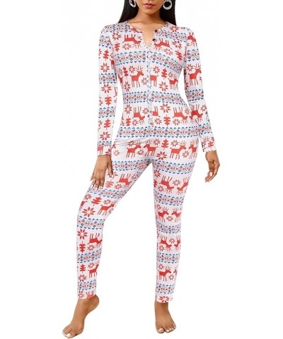 Women's Button Onesie Pajamas Bandage One Piece Long Sleep Romper Pajama Bodysuit Jumpsuit Bodycon XS-XXL White christmas pat...