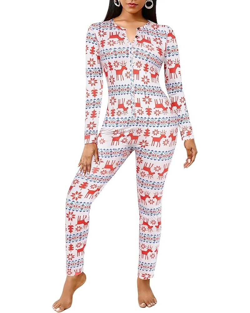 Women's Button Onesie Pajamas Bandage One Piece Long Sleep Romper Pajama Bodysuit Jumpsuit Bodycon XS-XXL White christmas pat...