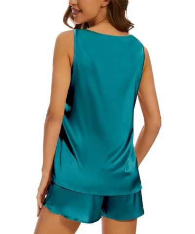 Women Silk Pajama Sets Soft Satin Crew Neck Tank Tops and lounge Shorts Set with Pockets Green $12.00 Sleep & Lounge