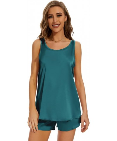 Women Silk Pajama Sets Soft Satin Crew Neck Tank Tops and lounge Shorts Set with Pockets Green $12.00 Sleep & Lounge