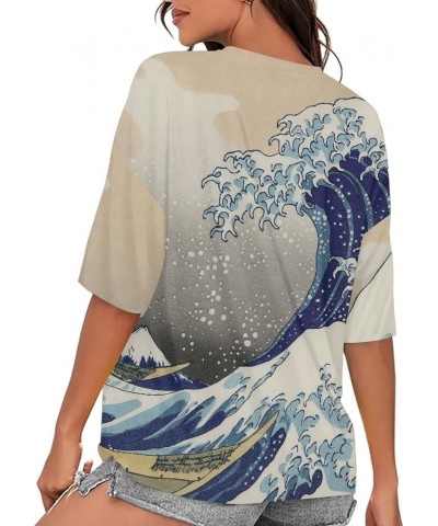 JooMeryer Women's Van Gogh Oil Painting V-Neck Choker Short Sleeve T-Shirts Top Blouse The Great Wave Off Kanagawa $11.59 T-S...