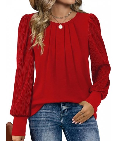 Women's Long Sleeve Shirts Pleated Crew Neck Puff Sleeve Tunic Tops Red $19.37 Tops