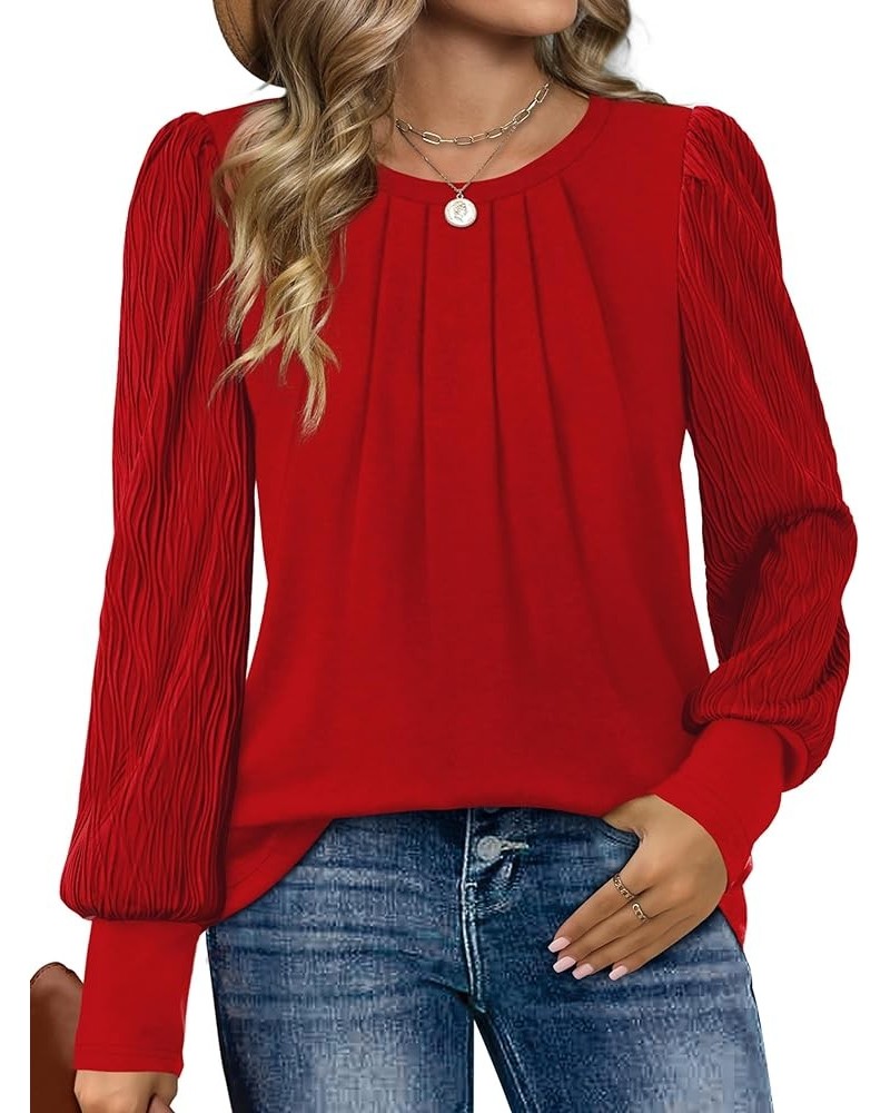 Women's Long Sleeve Shirts Pleated Crew Neck Puff Sleeve Tunic Tops Red $19.37 Tops