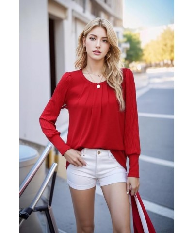 Women's Long Sleeve Shirts Pleated Crew Neck Puff Sleeve Tunic Tops Red $19.37 Tops