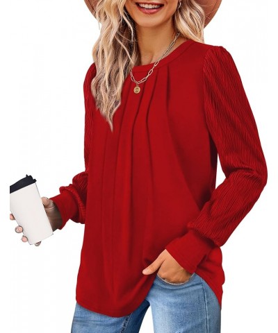 Women's Long Sleeve Shirts Pleated Crew Neck Puff Sleeve Tunic Tops Red $19.37 Tops