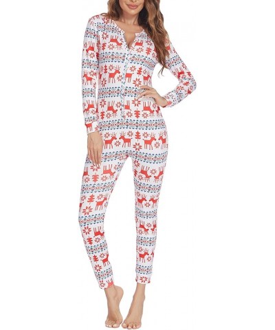 Women's Button Onesie Pajamas Bandage One Piece Long Sleep Romper Pajama Bodysuit Jumpsuit Bodycon XS-XXL White christmas pat...