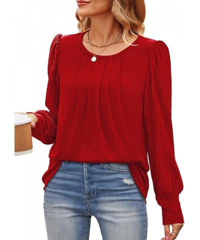 Women's Long Sleeve Shirts Pleated Crew Neck Puff Sleeve Tunic Tops Red $19.37 Tops