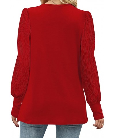 Women's Long Sleeve Shirts Pleated Crew Neck Puff Sleeve Tunic Tops Red $19.37 Tops