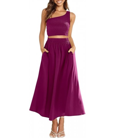 Women's 2 Pieces Outfits One Shoulder Smocked Crop Top & High Waist Long Skirt Dress Set with Pockets Fushia $22.44 Suits