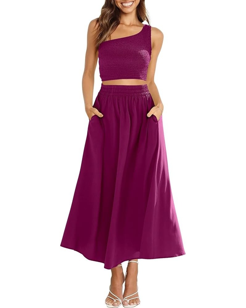 Women's 2 Pieces Outfits One Shoulder Smocked Crop Top & High Waist Long Skirt Dress Set with Pockets Fushia $22.44 Suits