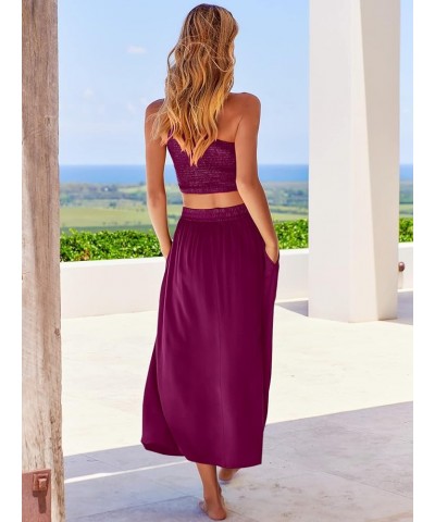 Women's 2 Pieces Outfits One Shoulder Smocked Crop Top & High Waist Long Skirt Dress Set with Pockets Fushia $22.44 Suits