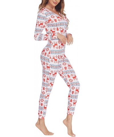 Women's Button Onesie Pajamas Bandage One Piece Long Sleep Romper Pajama Bodysuit Jumpsuit Bodycon XS-XXL White christmas pat...