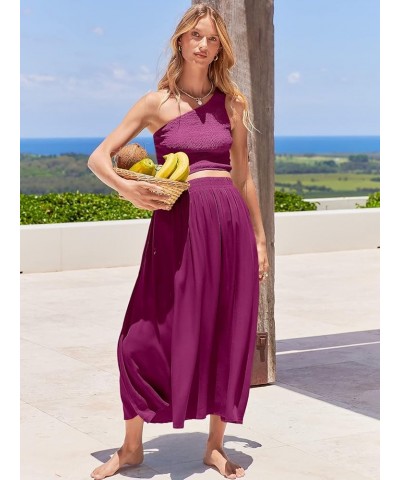 Women's 2 Pieces Outfits One Shoulder Smocked Crop Top & High Waist Long Skirt Dress Set with Pockets Fushia $22.44 Suits