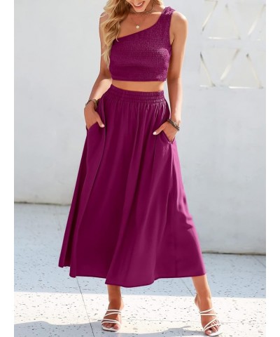 Women's 2 Pieces Outfits One Shoulder Smocked Crop Top & High Waist Long Skirt Dress Set with Pockets Fushia $22.44 Suits