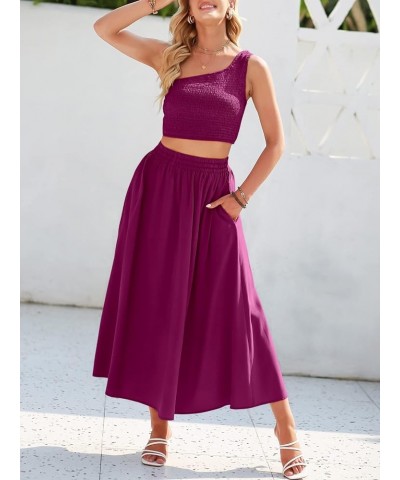 Women's 2 Pieces Outfits One Shoulder Smocked Crop Top & High Waist Long Skirt Dress Set with Pockets Fushia $22.44 Suits