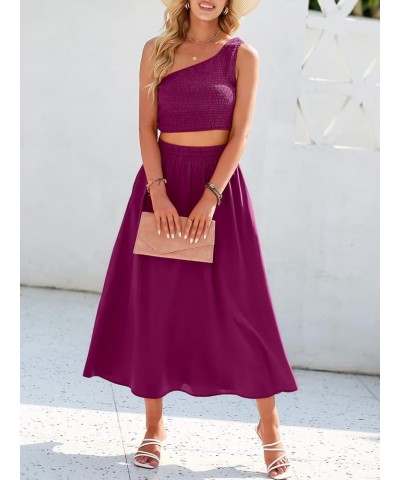 Women's 2 Pieces Outfits One Shoulder Smocked Crop Top & High Waist Long Skirt Dress Set with Pockets Fushia $22.44 Suits