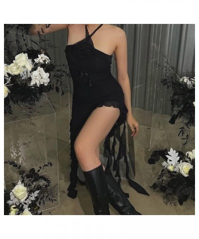 Women Y2k 3D Floral Tassels Dress Fringed Irregular Hem Long Dress Ruffle Sheer Mesh Short Dress Sexy Clubwear P-black $10.40...