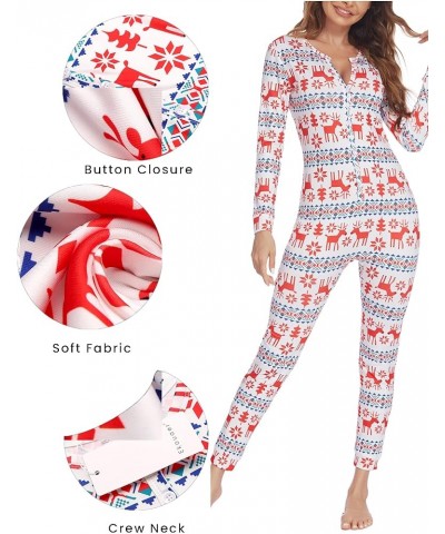 Women's Button Onesie Pajamas Bandage One Piece Long Sleep Romper Pajama Bodysuit Jumpsuit Bodycon XS-XXL White christmas pat...