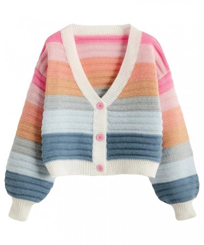 Women's Colorful Open Front V Neck Long Sleeve Crop Cardigan Buttons Loose Knit Sweater Coat Pink Blue $19.78 Sweaters