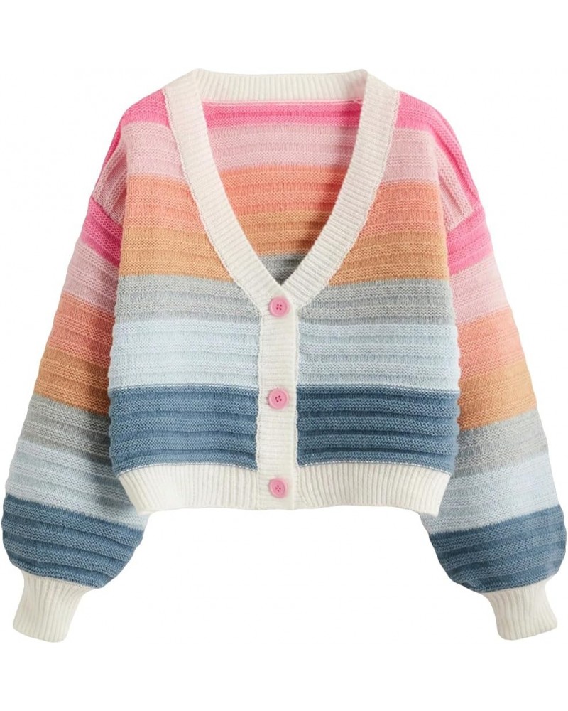 Women's Colorful Open Front V Neck Long Sleeve Crop Cardigan Buttons Loose Knit Sweater Coat Pink Blue $19.78 Sweaters