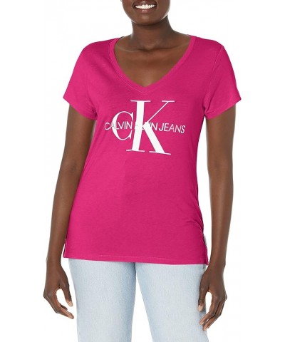 Women's Foil Monogram Logo V-Neck Short Sleeve Iconic Tee Cali Pink $18.05 Activewear