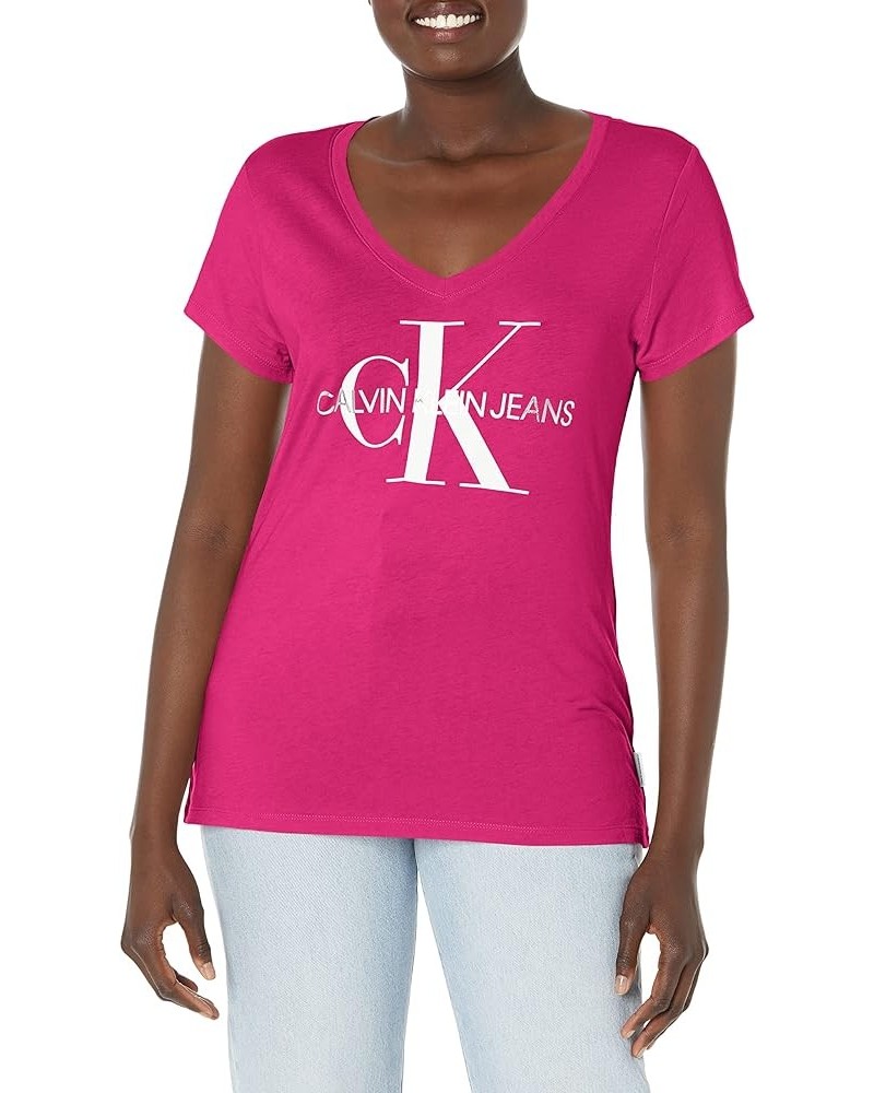 Women's Foil Monogram Logo V-Neck Short Sleeve Iconic Tee Cali Pink $18.05 Activewear