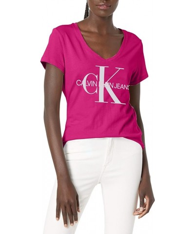 Women's Foil Monogram Logo V-Neck Short Sleeve Iconic Tee Cali Pink $18.05 Activewear