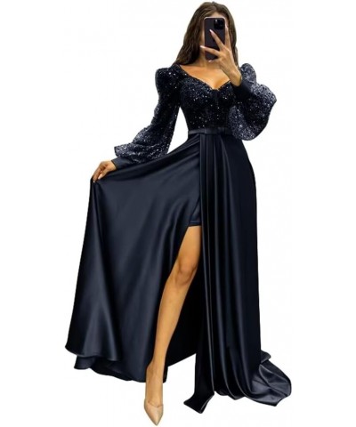 Long Sleeve Sequin Prom Dresses with Slit Satin Pleated Formal Evening Party Gowns with Belt Navy Blue $37.26 Dresses