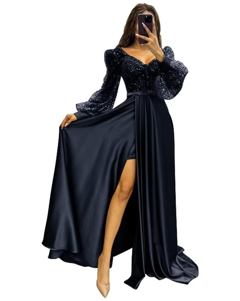 Long Sleeve Sequin Prom Dresses with Slit Satin Pleated Formal Evening Party Gowns with Belt Navy Blue $37.26 Dresses