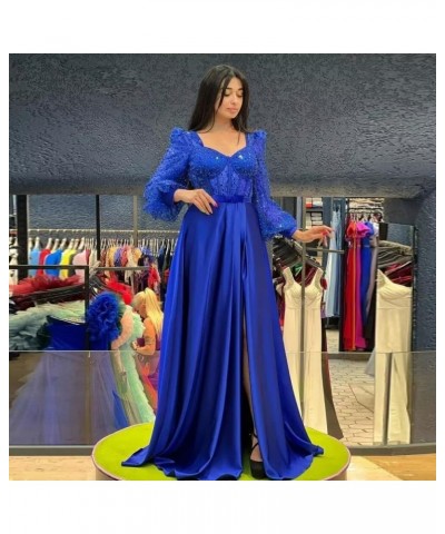 Long Sleeve Sequin Prom Dresses with Slit Satin Pleated Formal Evening Party Gowns with Belt Navy Blue $37.26 Dresses