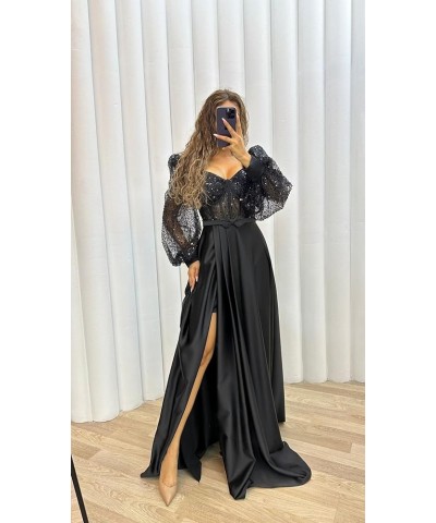 Long Sleeve Sequin Prom Dresses with Slit Satin Pleated Formal Evening Party Gowns with Belt Navy Blue $37.26 Dresses