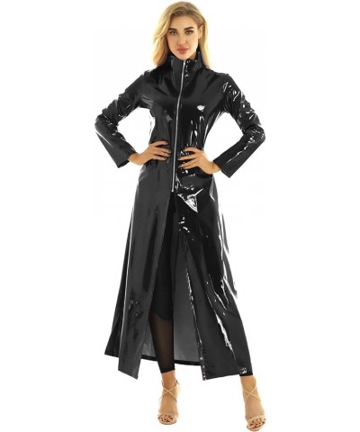 Women's Adult PVC Leather Shiny Metallic Turtleneck Trench Coat Long Jacket Cloak Clubwear Black $22.62 Coats