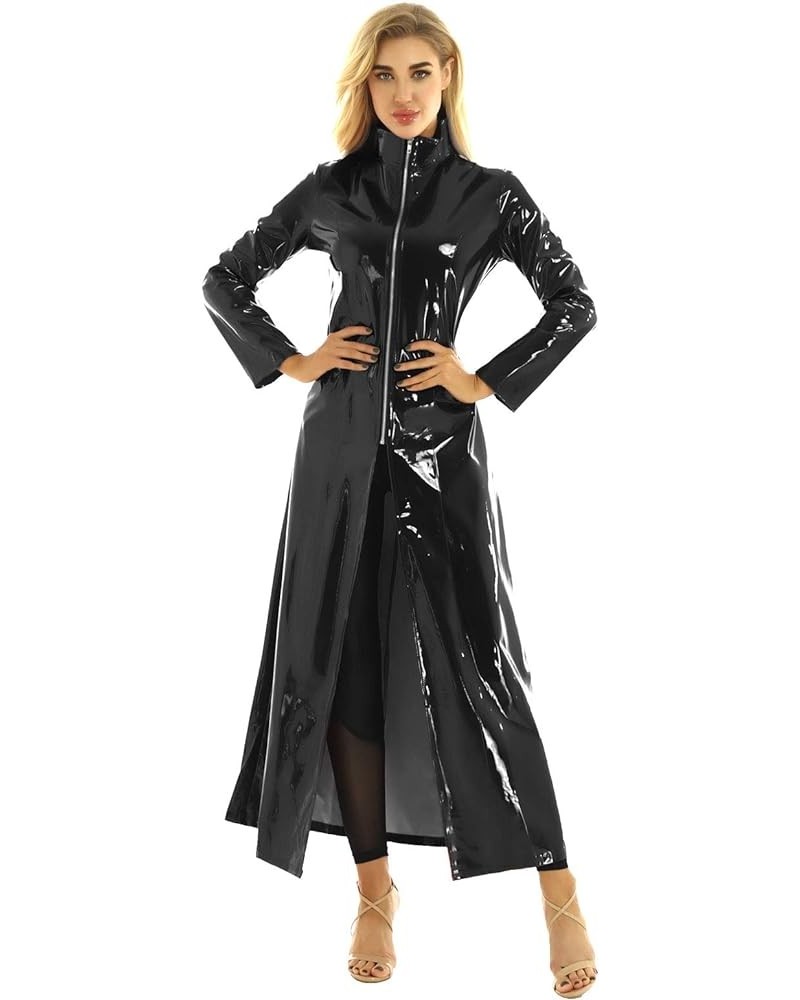 Women's Adult PVC Leather Shiny Metallic Turtleneck Trench Coat Long Jacket Cloak Clubwear Black $22.62 Coats