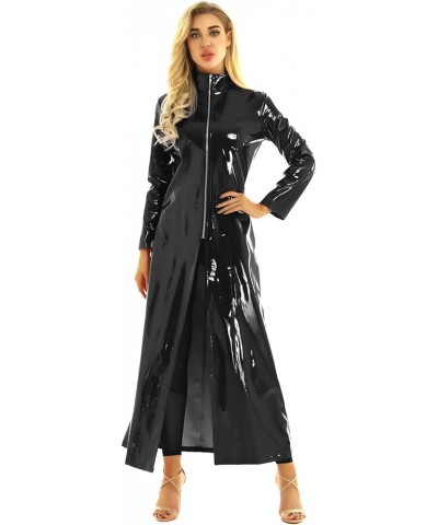 Women's Adult PVC Leather Shiny Metallic Turtleneck Trench Coat Long Jacket Cloak Clubwear Black $22.62 Coats