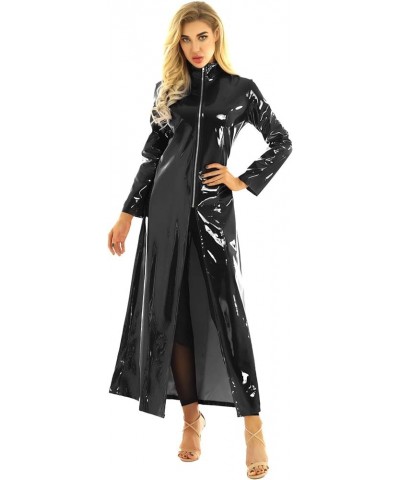 Women's Adult PVC Leather Shiny Metallic Turtleneck Trench Coat Long Jacket Cloak Clubwear Black $22.62 Coats