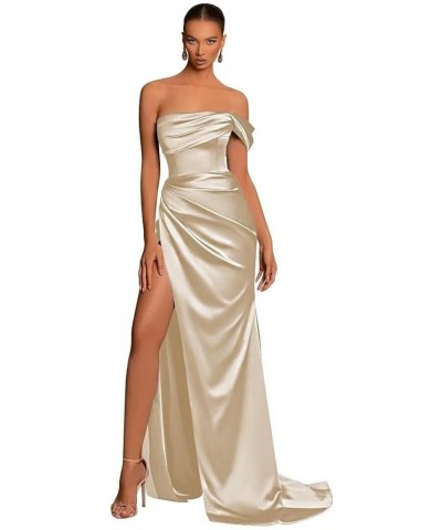 Off The Shoulder Satin Prom Dresses Mermaid Long with Slit Bridesmaid Dresses Women’s Formal Evening Gowns Champagne $24.20 D...