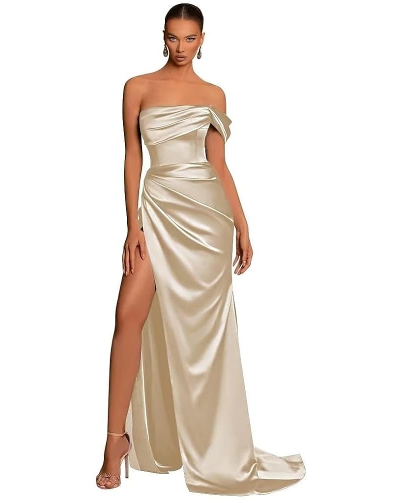 Off The Shoulder Satin Prom Dresses Mermaid Long with Slit Bridesmaid Dresses Women’s Formal Evening Gowns Champagne $24.20 D...