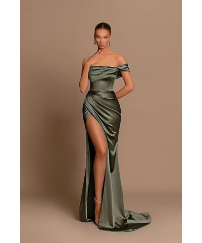 Off The Shoulder Satin Prom Dresses Mermaid Long with Slit Bridesmaid Dresses Women’s Formal Evening Gowns Champagne $24.20 D...