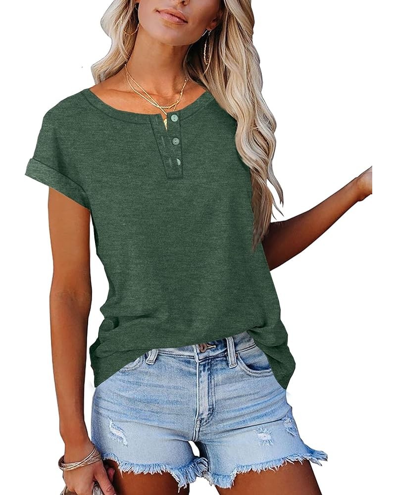 Women's Casual Short Sleeve T-Shirts Crew Neck Tunic Basic Summer Tops Henry Shirt B-dark Green $13.74 Tops