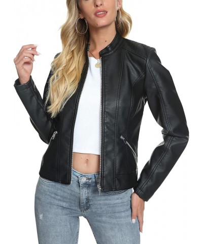 Stand Collar Faux Leather Jackets for Women Zip Up Motorcycle Short PU Moto Biker Outwear Coat 3-black $20.58 Coats