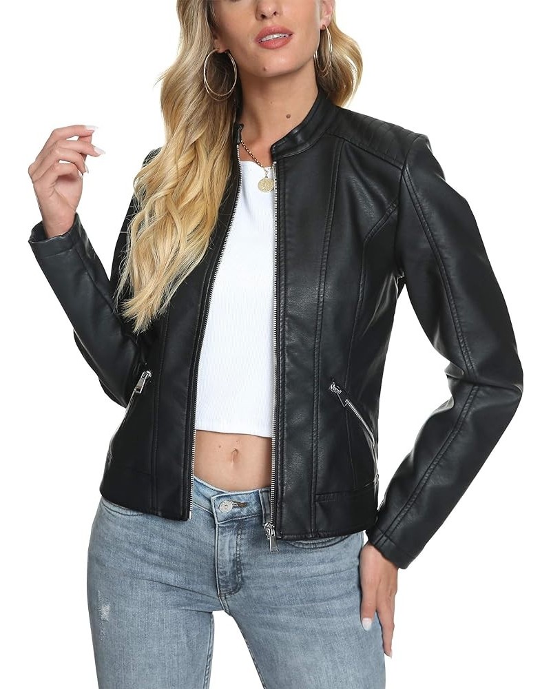 Stand Collar Faux Leather Jackets for Women Zip Up Motorcycle Short PU Moto Biker Outwear Coat 3-black $20.58 Coats