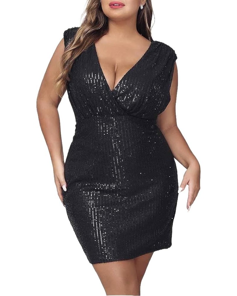 Women's Plus Size Bodycon Dress Sleeveless V Neck Party Dress Cut Out Sexy Mini Dress Sequin Glitter Cocktail Dress Black $15...