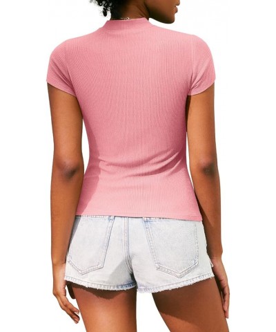 Women's 2024 Summer Short Sleeve Tops Mock Neck Cap Sleeve Ribbed Knit Slim Fit Casual Basic Tee T Shirts 04 Pink $12.74 T-Sh...