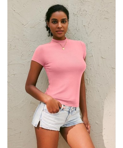 Women's 2024 Summer Short Sleeve Tops Mock Neck Cap Sleeve Ribbed Knit Slim Fit Casual Basic Tee T Shirts 04 Pink $12.74 T-Sh...